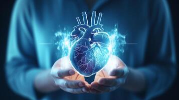 AI generated Artificial heart 3d organ hologram held by specialist ai generated close-up image photo