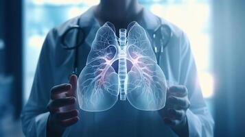 AI generated Lungs disease 3d organ hologram held by physician ai generated close-up image photo