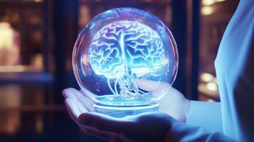 AI generated Digital human brain glass globe ai generated biotechnology close-up image photo