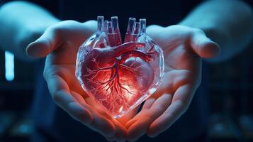 AI generated Human heart glass model holding ai generated biotechnology close-up image photo