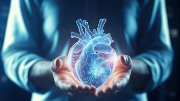 AI generated Human heart 3d organ hologram held by female medic ai generated close-up image photo