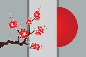 Illustration of cherry blossoms flower on branch with red circle behind grey background. vector