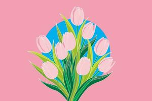 Illustration of tulips flower with blue circle on pink background. vector