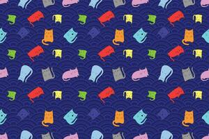 Illustration Pattern of the cats on japan wave with deep blue color background. vector