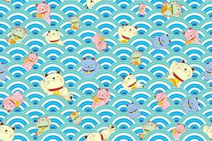 Illustration Pattern of the lucky cats on japan wave background. vector