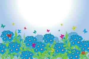 Illustration, The forget me not flower and butterfly on soft blue sky background with white sun. vector