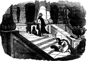 A Pharisee and a Publican Praying on the Steps of the Temple vintage illustration. vector