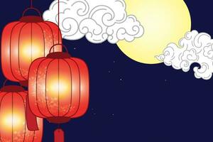 Illustration, Chinese lantern with fullmoon and cloud on deep blue background. vector