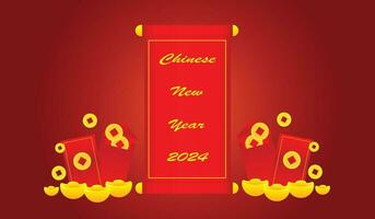 Chinese New Year Golden coins, red envelopes, wishes of good luck and wealth. Vector 3d illustration