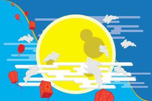 Illustration, Abstract of the mid autumn festival with fullmoon and rabbit on blue color background. vector