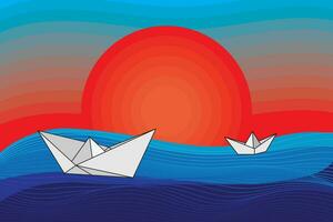 Illustration the abstract of paper boat with line wave on blue and sun background. vector