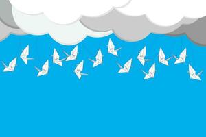 Illustration group of the origami bird flying with cloud on blue background. vector