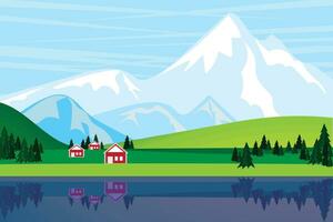 Illustration mirror of Three red huts on green hill with mountains background and soft blue sky . vector