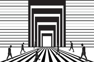 Illustration silhouette people walking toward the  exit way with line on white background. vector