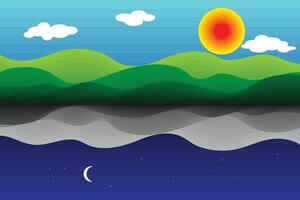 Illustration of the sun moon lover with gradient mountain, Day and night background concept. vector