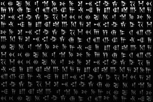 Illustration wallpaper of gray cuneiform script character on black color background. vector