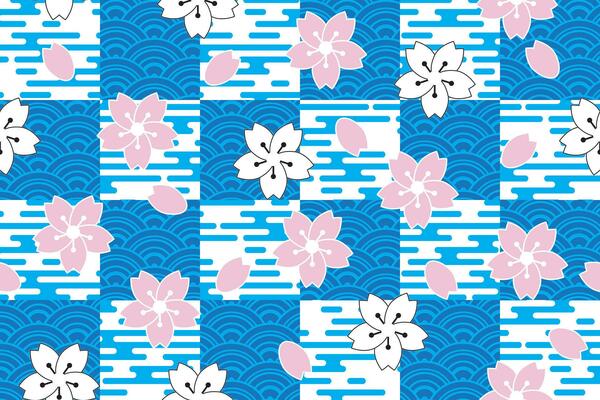 Illustration, Abstract sakura flower with japan wave table and clouds background.