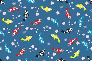 Illustration of koi fish on with pink flower on blue background. vector