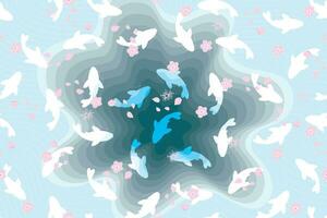 Illustration abstract of blue pool and fish with flower on water surface background. vector