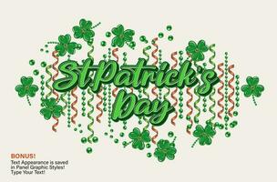 St Patricks Day horizontal label with scattered beads, clover leaves, bead strings, party streamers, text. Illustration for advert of event. Editable text appearance, text graphic style included vector