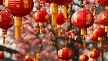 Close up of red chinese lantern and sakura flower with copy space area, suitable for celebrating chinese events, background or overlays, slow motion video. video