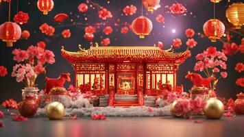 3d animiert Mond- Neu Jahr Dekoration, Kirsche Blüten fliegend, Chinesisch Haus. geeignet zum Mond- oder Chinesisch Neu Jahr, andere Chinesisch Fall, Hintergrund und Überlagerungen. schleppend Bewegung Video