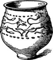 Jar of Castor ware with reliefs of a stag pursued by a hound, vintage engraving. vector