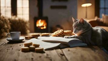söt vit katt är avkopplande på de tabell, läsning en bok, rör på sig runt om, mat är tillgängliga kakor och brand brinnande i vinter- video