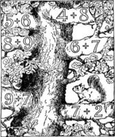 Addition Tree and  various addition problems,  vintage engraving. vector