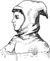 Hood fourteenth century, vintage engraving. vector