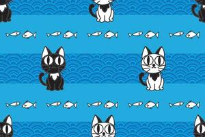 illustration pattern of Black and white cat with abstract wave and fish on blue background. vector