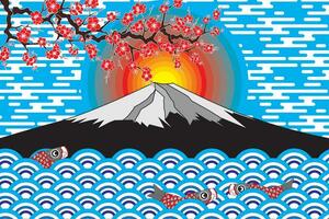 Illustration of the sunrise on black fuji mountain and cherry blossoms flower with wave and fish. vector