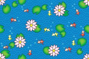 Illustration of goldfish with lotus and leaf on blue wave background. vector