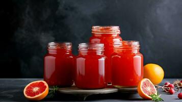 AI generated Citrus jam in a glass jar on a dark background. Orange jam in a jar on the table. photo