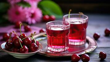 AI generated Homemade cherry drink. Two cups of cherry compote on a wooden table. Appetizing ripe cherries. photo