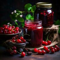 AI generated Cherry jam in a glass jar on a wooden background. photo