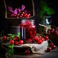 AI generated Homemade cherry jam in a glass jar and fresh berries on a dark wooden background. photo