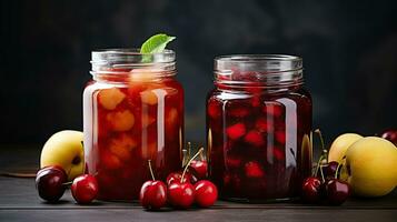 AI generated Quince, juicy cherries and homemade appetizing jam close-up on a dark background. photo