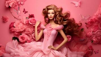 AI generated Pink doll. Barbie doll. Young beautiful bride with make-up and styling. photo