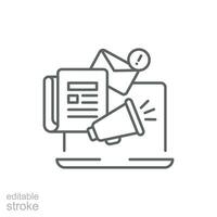 Noticias contenido icono. sencillo contorno estilo. medios de comunicación anunciar, Boletin informativo actualizar, digital prensa, cobertura, ordenador portátil con megáfono concepto. Delgado línea símbolo. vector ilustración aislado. editable ataque.