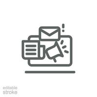 News content icon. Simple outline style. Media announce, newsletter update, digital press, coverage, laptop with megaphone concept. Thin line symbol. Vector illustration isolated. Editable stroke.