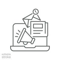 News content icon. Simple outline style. Media announce, newsletter update, digital press, coverage, laptop with megaphone concept. Thin line symbol. Vector illustration isolated. Editable stroke.