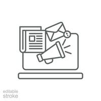 Noticias contenido icono. sencillo contorno estilo. medios de comunicación anunciar, Boletin informativo actualizar, digital prensa, cobertura, ordenador portátil con megáfono concepto. Delgado línea símbolo. vector ilustración aislado. editable ataque.