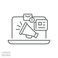 News content icon. Simple outline style. Media announce, newsletter update, digital press, coverage, laptop with megaphone concept. Thin line symbol. Vector illustration isolated. Editable stroke.