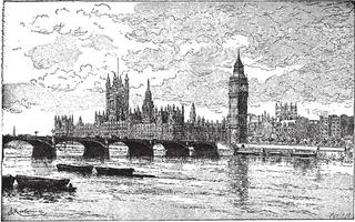 Westminster Bridge and the Houses of Parliament, London, England, vintage engraving. vector