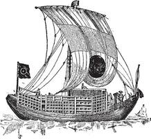Chinese junk, an ancient sailing vessel, vintage engraving. vector