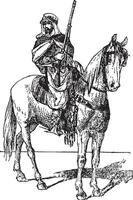 Spahi with weapon on horse, vintage engraving. vector