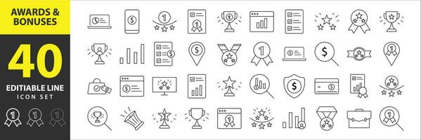 Exquisite Awards and Bonuses Vector Icons Set - Modern Thin Line Illustrations for Success and Recognition Discover a collection of editable icons, including Cups, Awards, Medals, Diplomas, Champion,