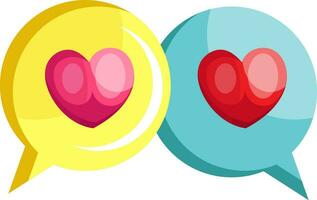 Yellow chat bubble with a pink heart and blue chat bubble with a red heart vector illustration on white background.