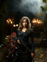 AI generated Beautiful young girl in full length military uniform with weapon in hands.Powered by Artificial Intelligence photo
